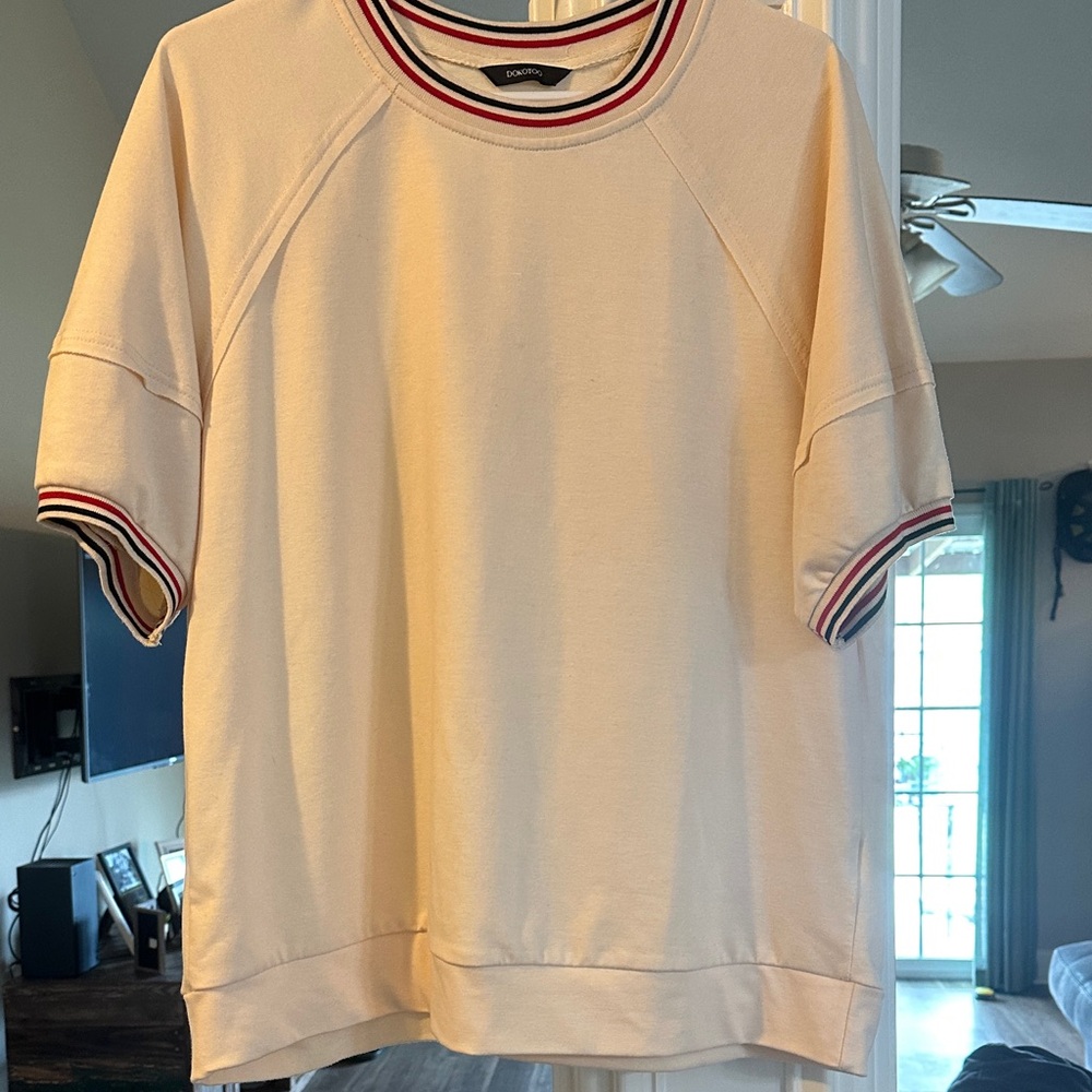 Blank Short-Sleeve Crewneck Top with Stripe Trim